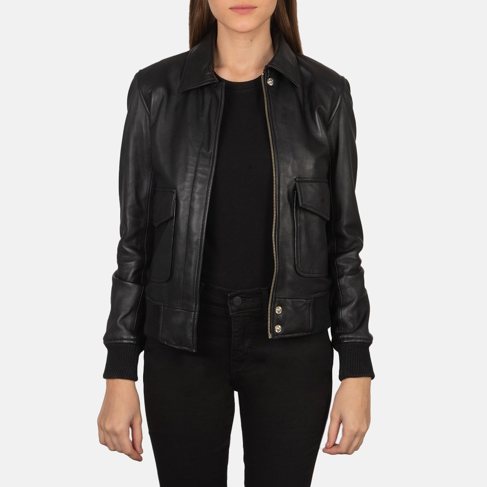 Women Black -03 Bomber  Leather Jacket