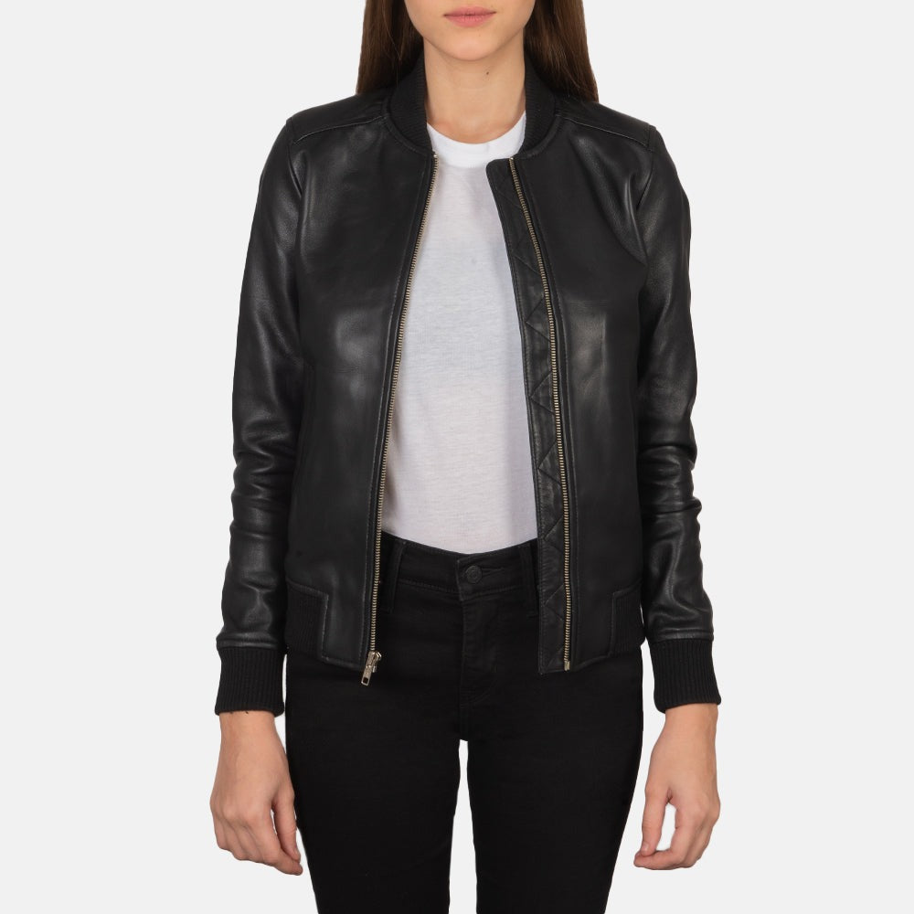 Women Black Bomber  Leather Jacket