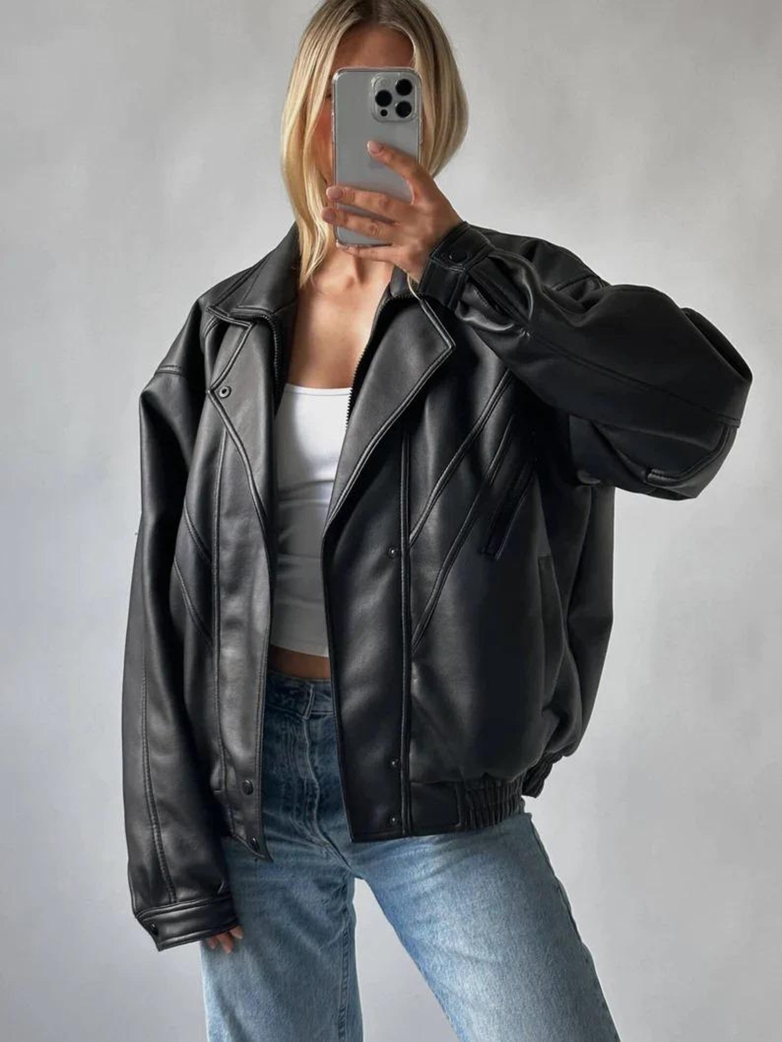 Women Black 01 Oversized Leather Jacket