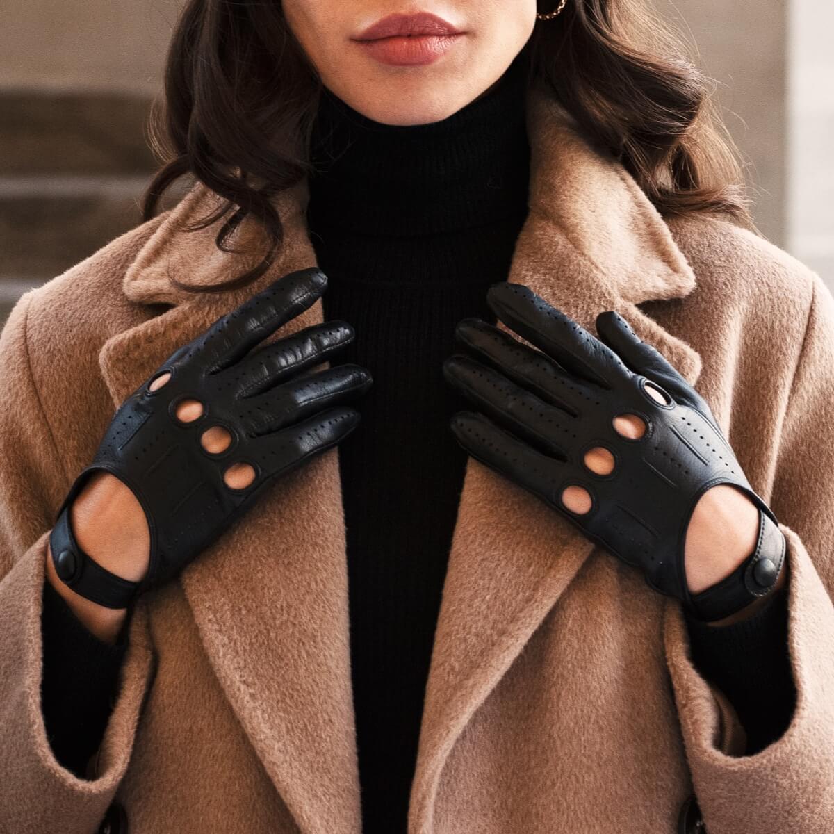 Women Black 02 Driving Leather Gloves