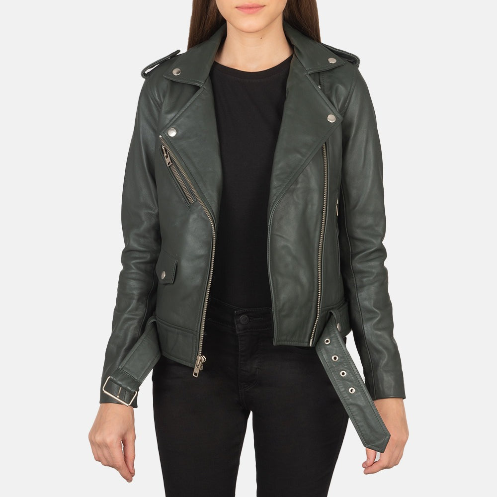 Women Green Biker Leather Jacket