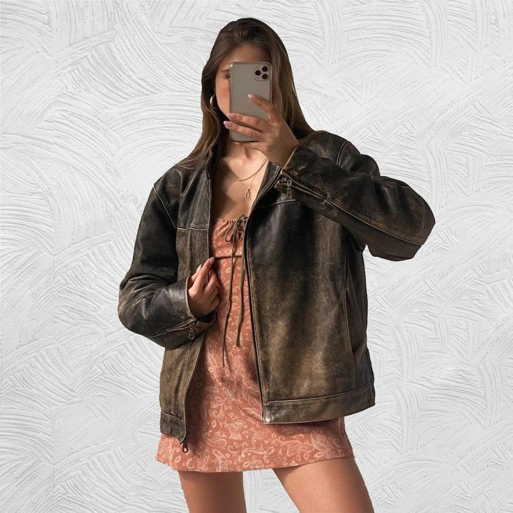 Women Vintage Oversized Leather Jacket