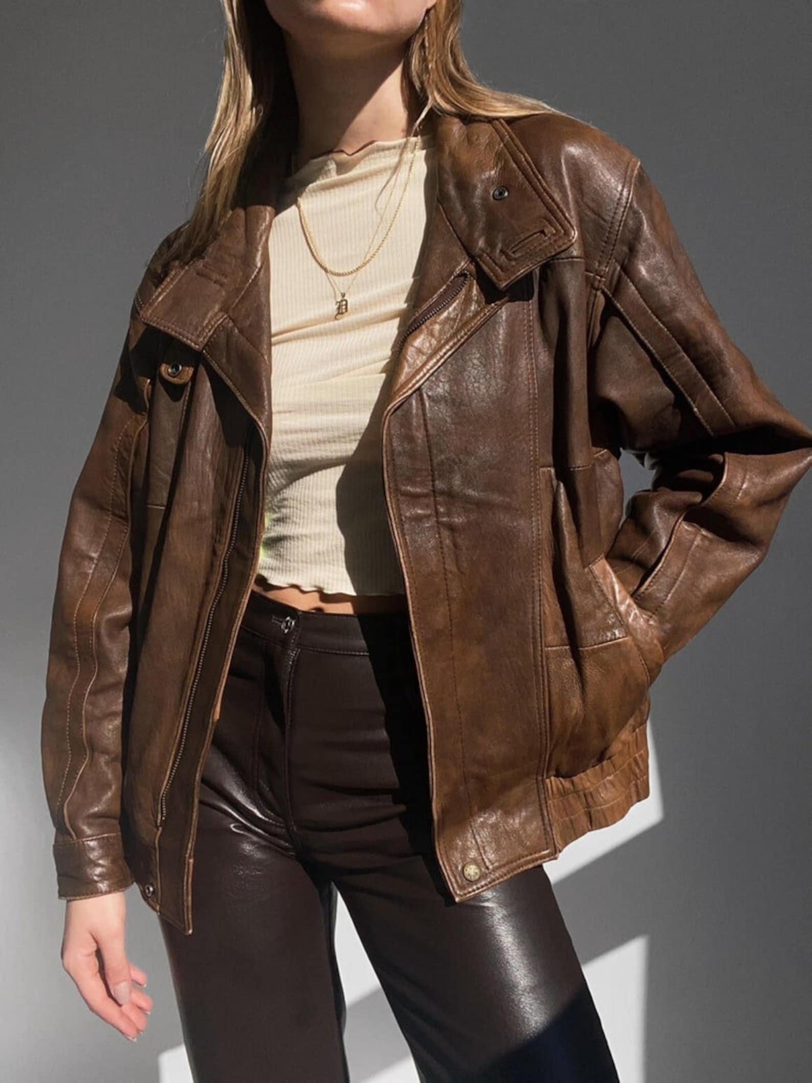 Women Brown Oversized  Leather Jacket