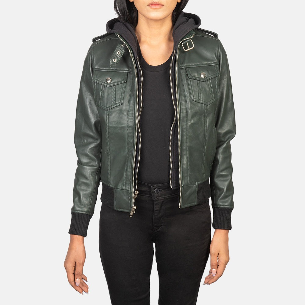 Women Green  Bomber  Leather Jacket