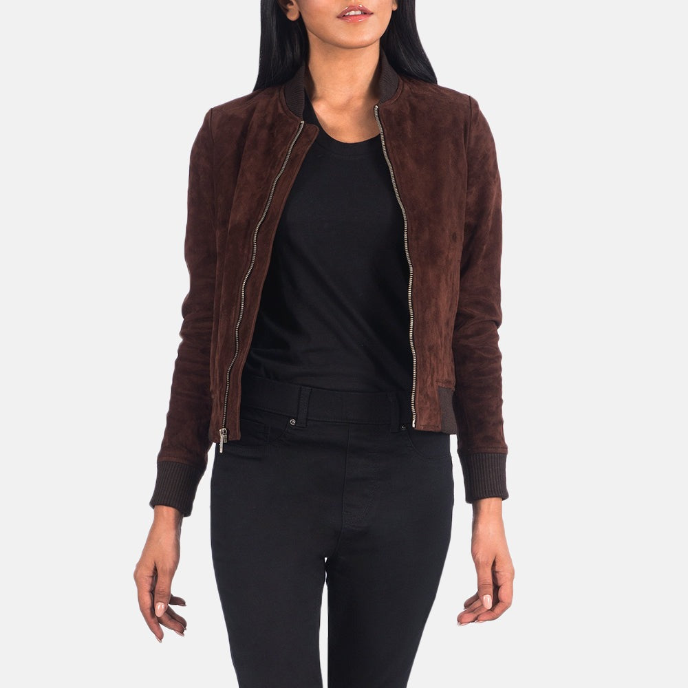 Women Brown Suede  Bomber Leather Jacket