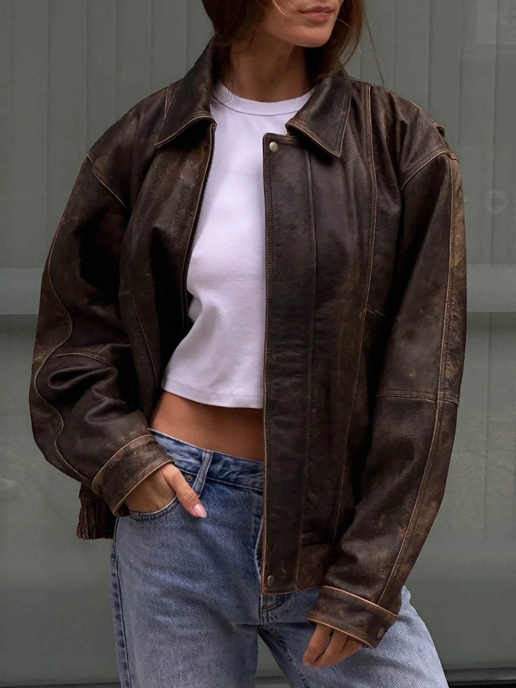 Women Oversized Vintage  Leather Jacket