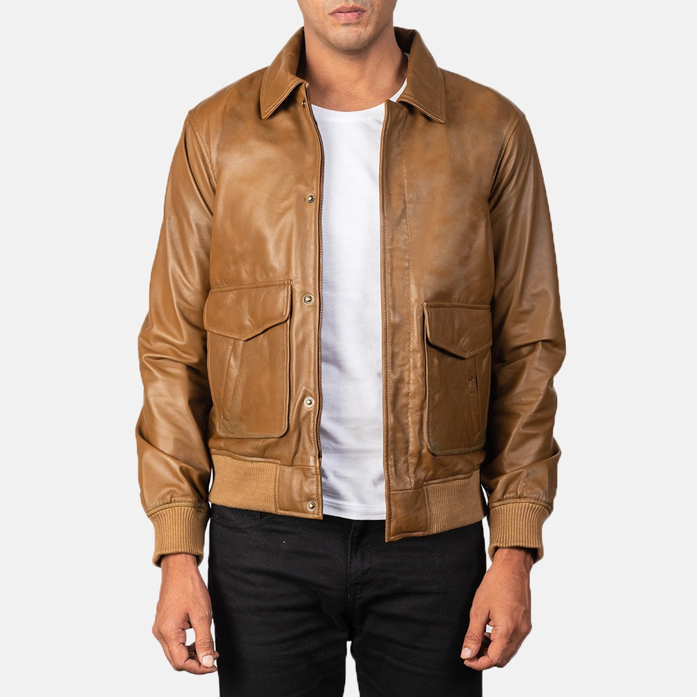 Coffmen Olive Brown A3 Leather Bomber Jacket