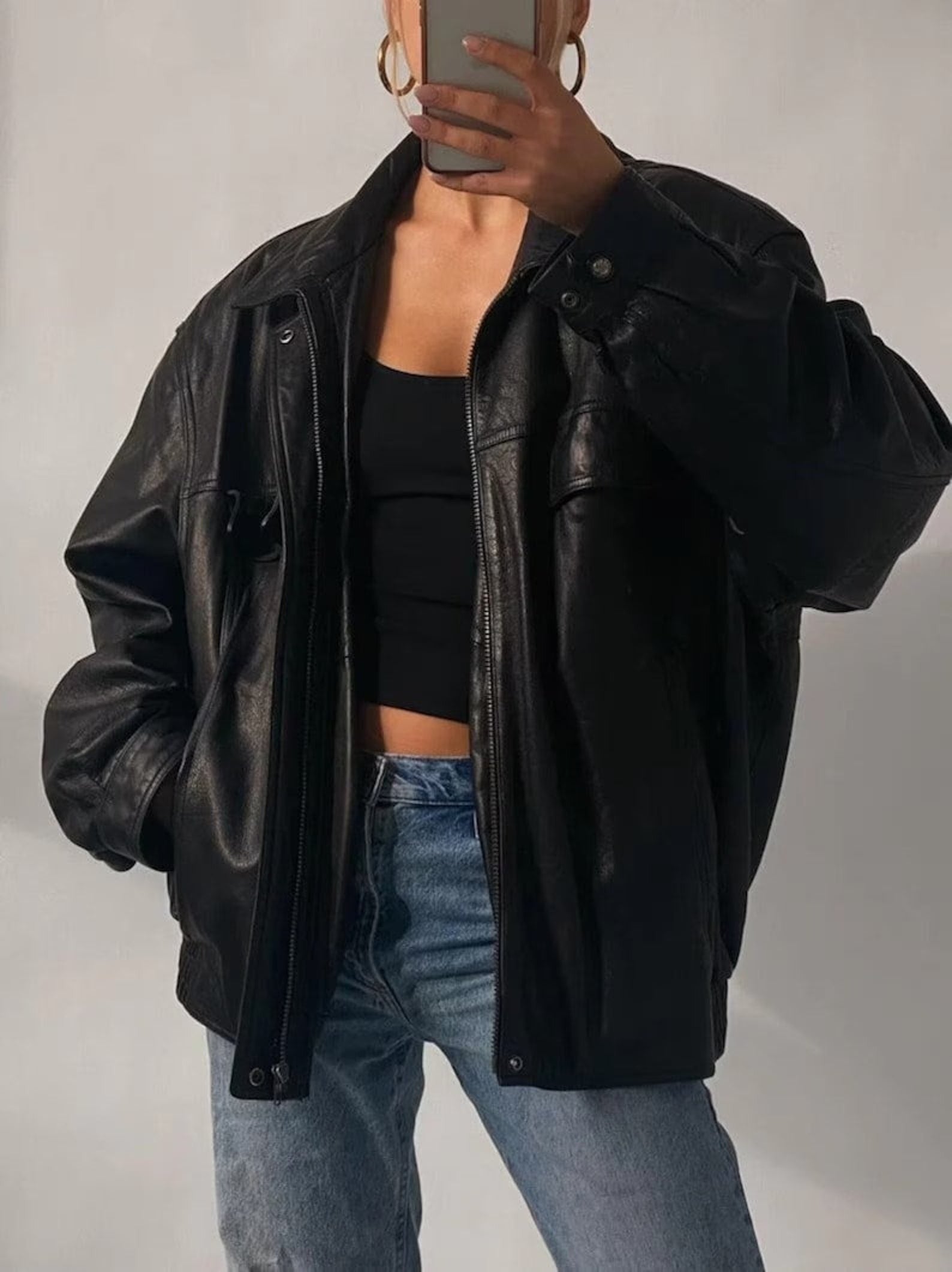 Women Black Oversized Vintage  Leather Jacket