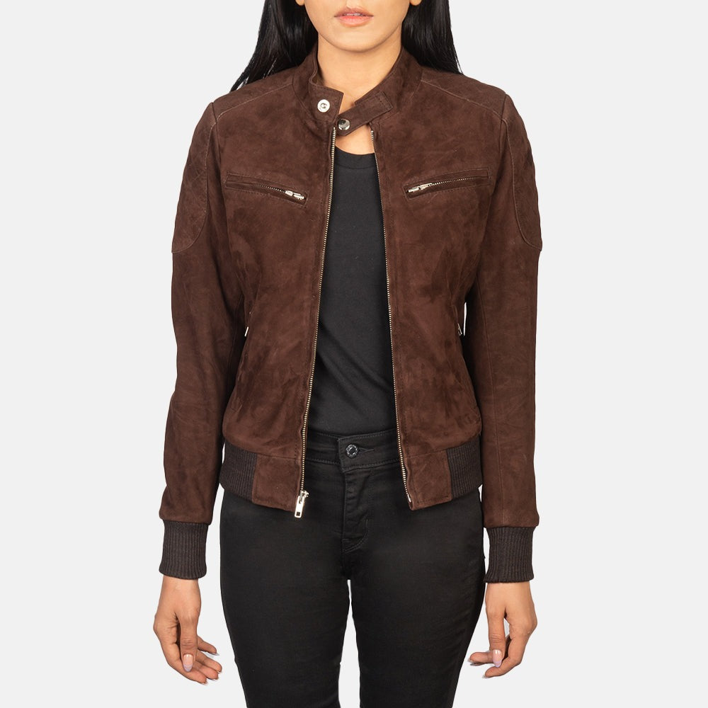 Women Brown 01 Suede  Bomber Leather Jacket