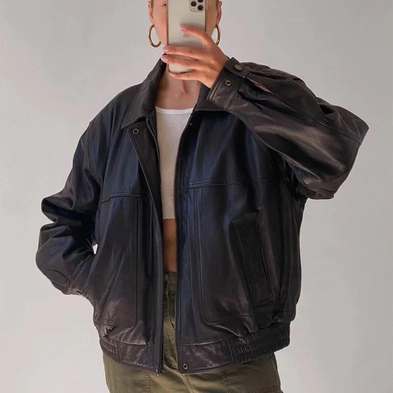 Women Black Oversized Leather Jacket