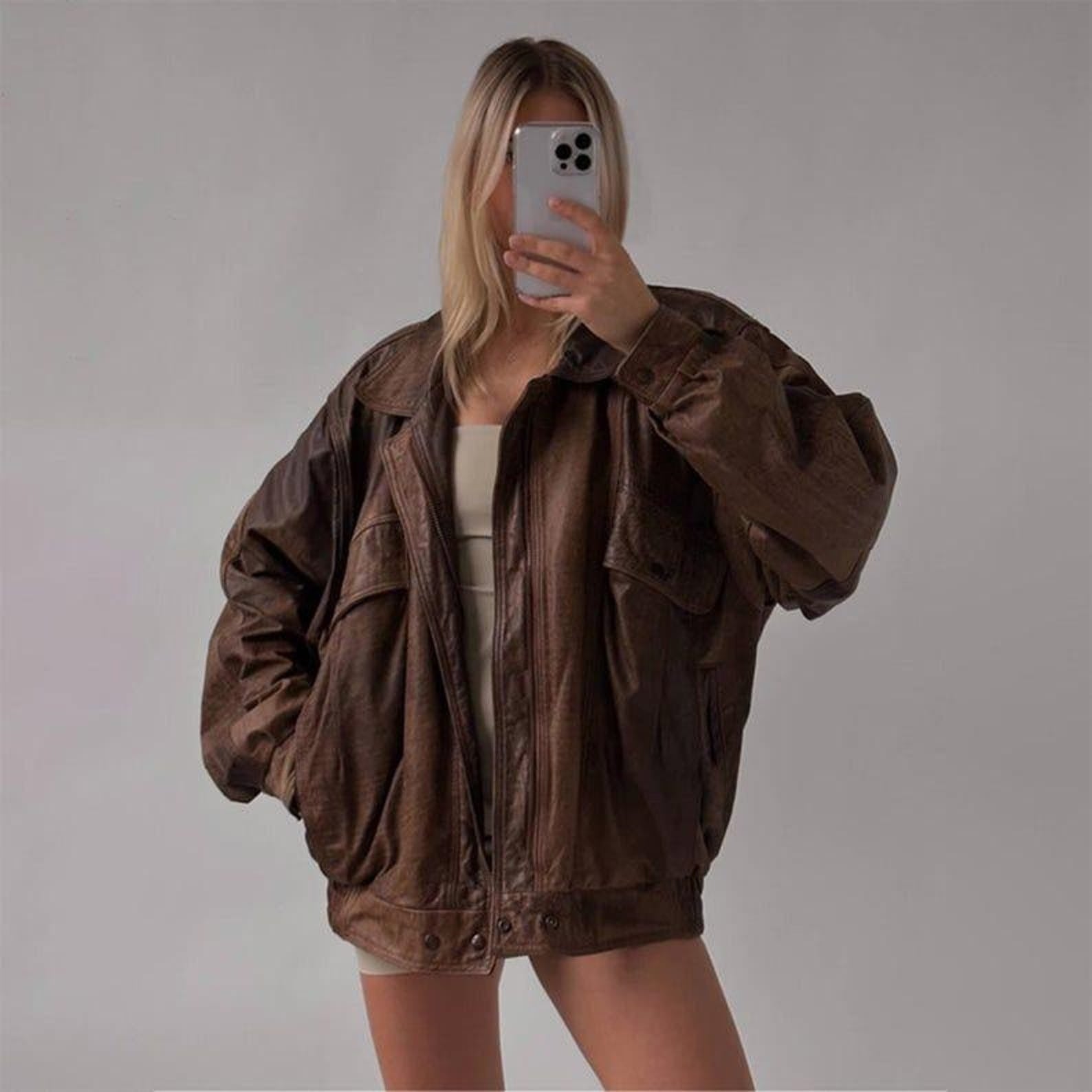 Women Brown Vintage Oversized Leather Jacket