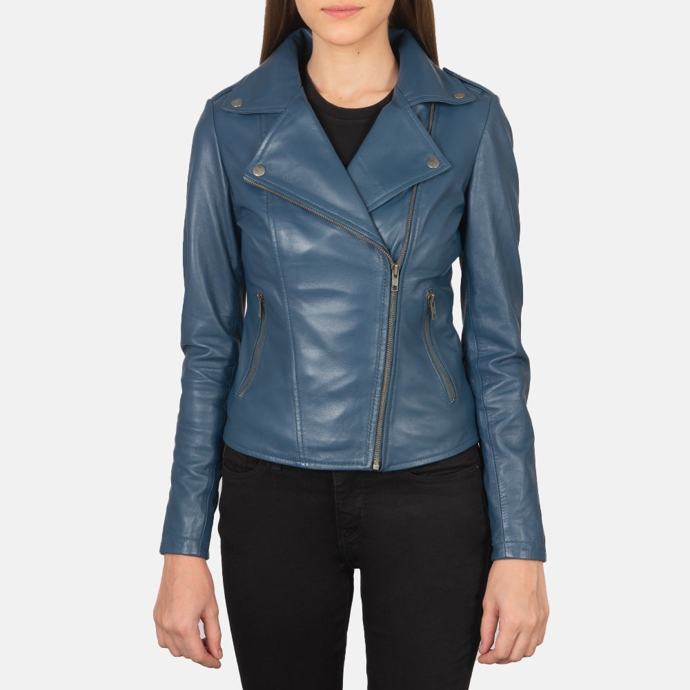 Women Blue Biker Leather Jacket