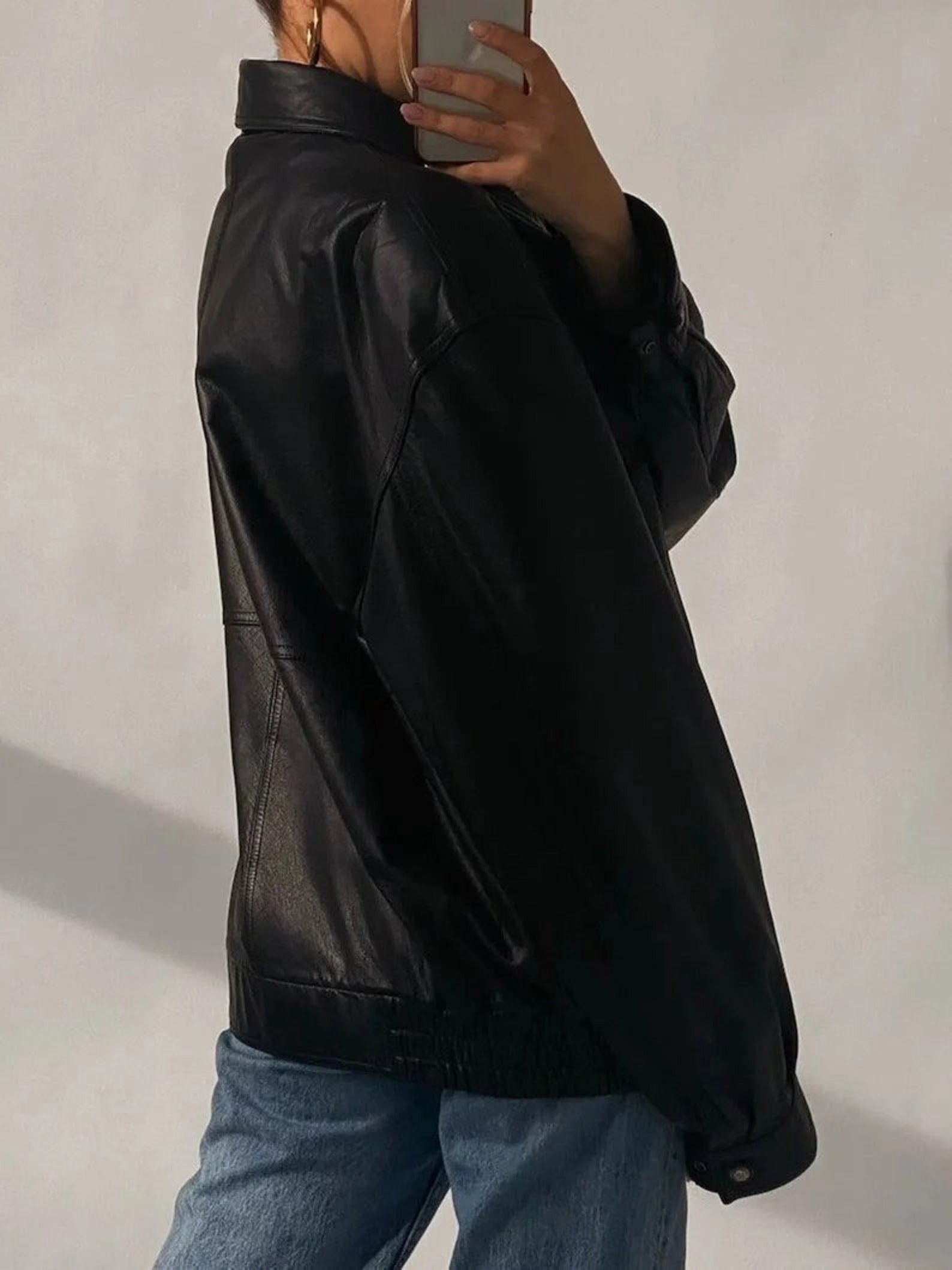 Women Black Oversized Vintage  Leather Jacket