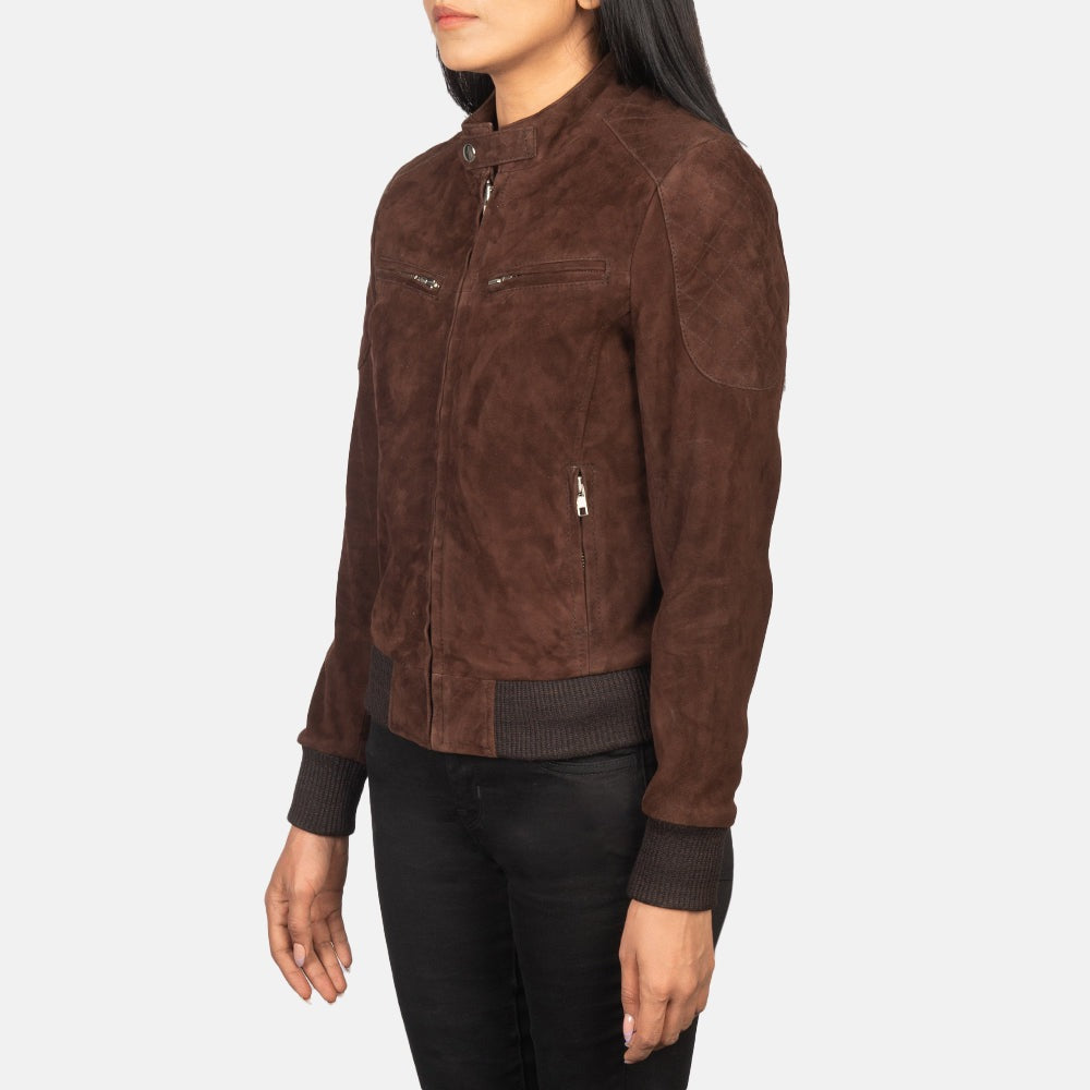 Women Brown 01 Suede  Bomber Leather Jacket