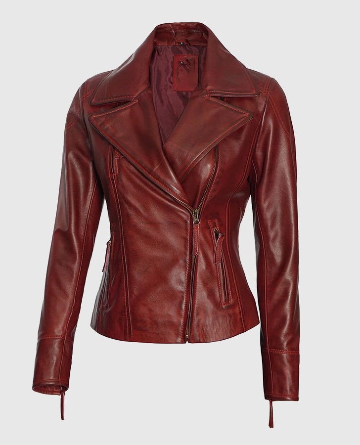 Women's Maroon Asymmetrical Biker Leather Jacket