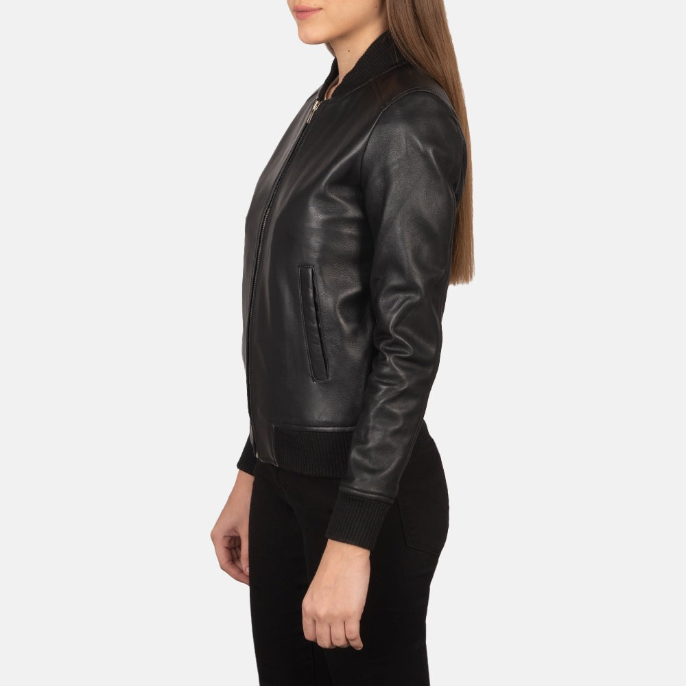 Women Black Bomber  Leather Jacket