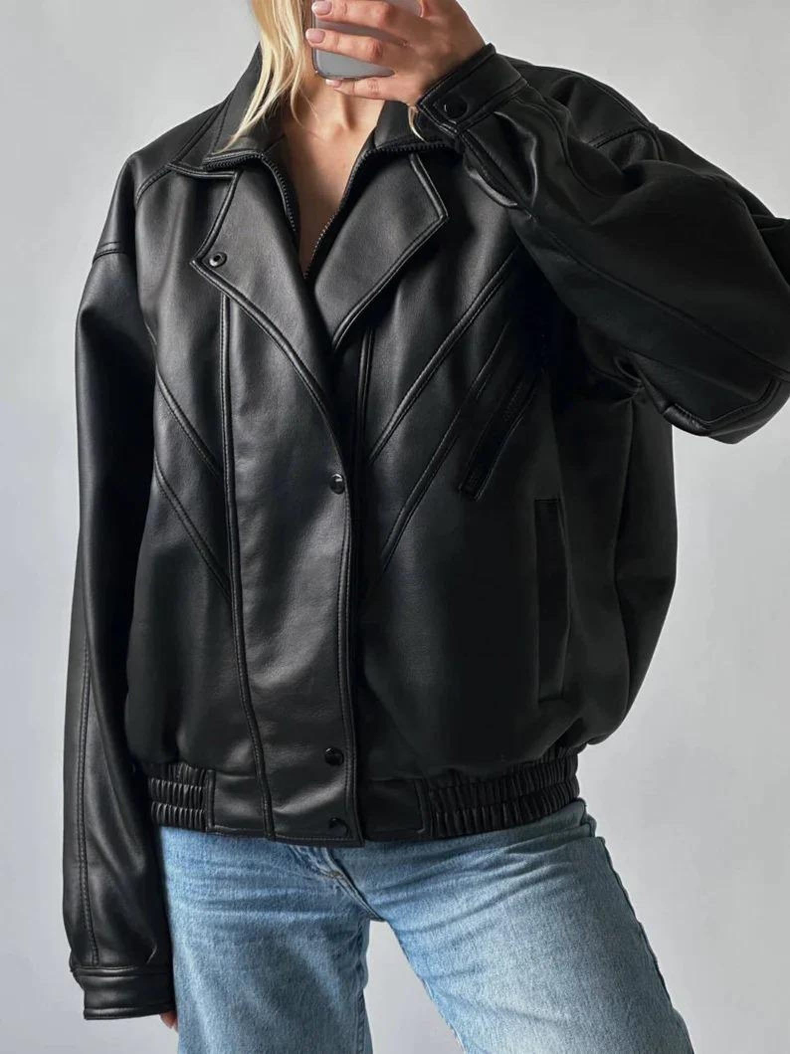 Women Black 01 Oversized Leather Jacket