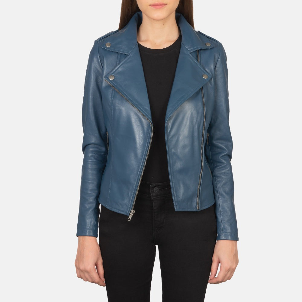 Women Blue Biker Leather Jacket