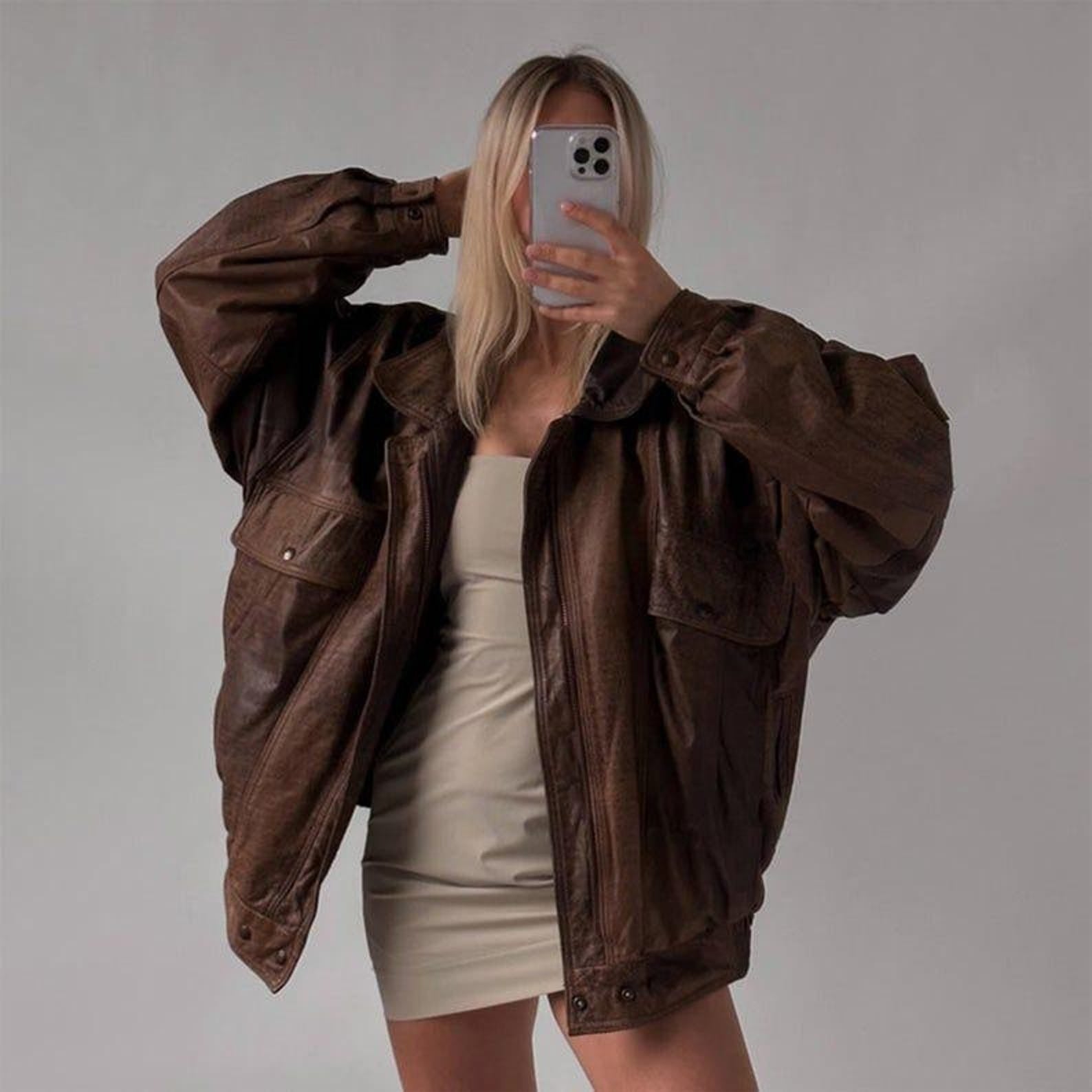 Women Brown Vintage Oversized Leather Jacket