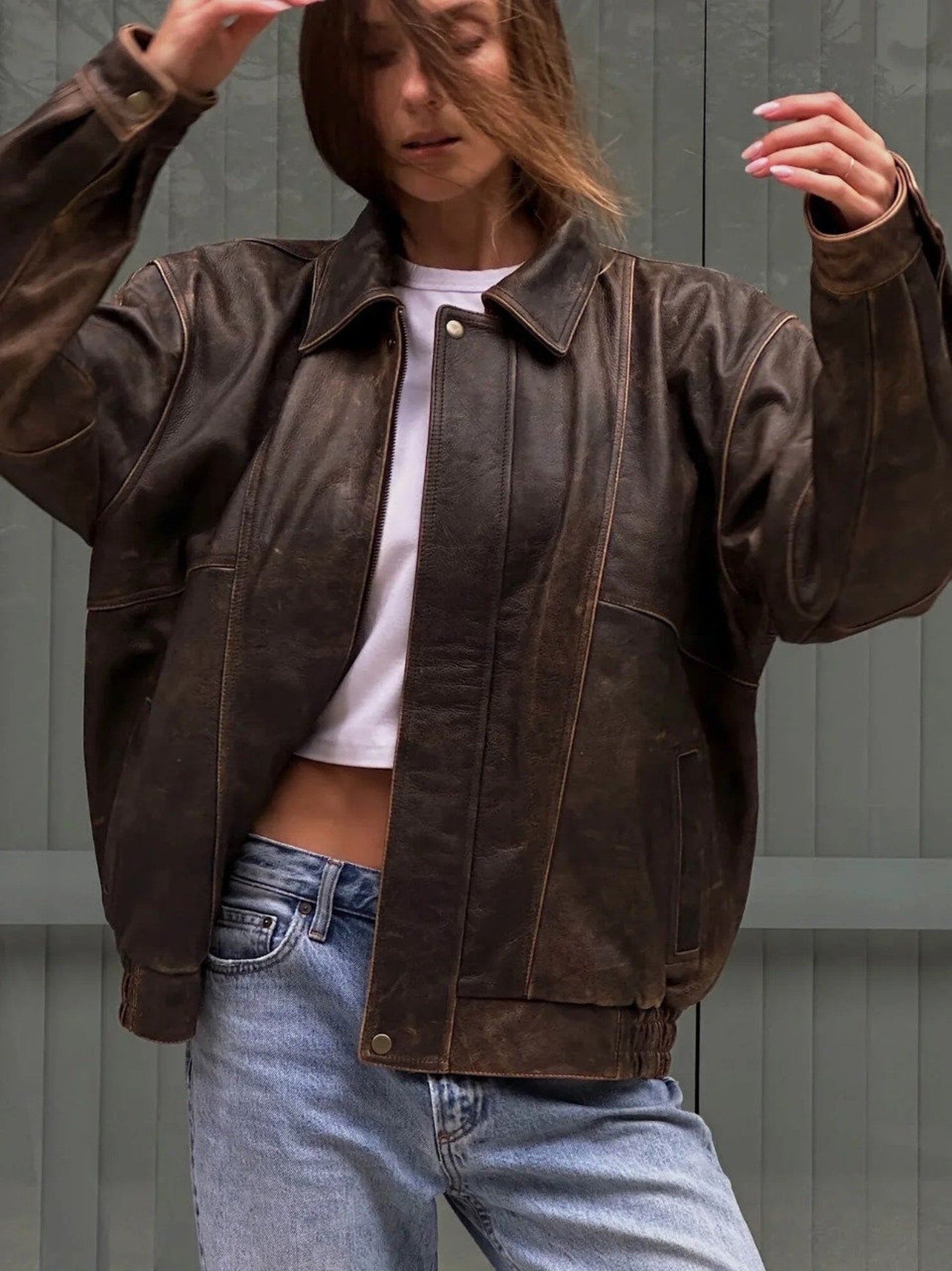 Women Oversized Vintage  Leather Jacket
