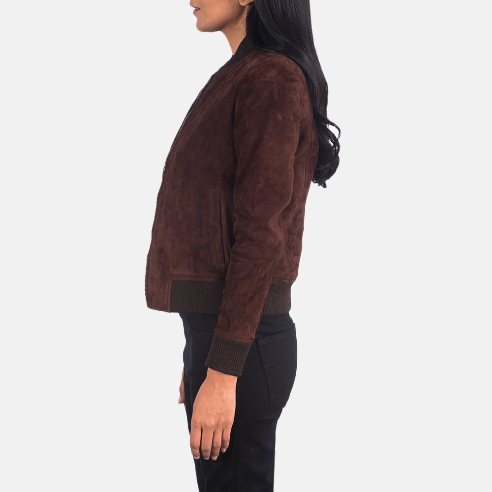 Women Brown Suede  Bomber Leather Jacket