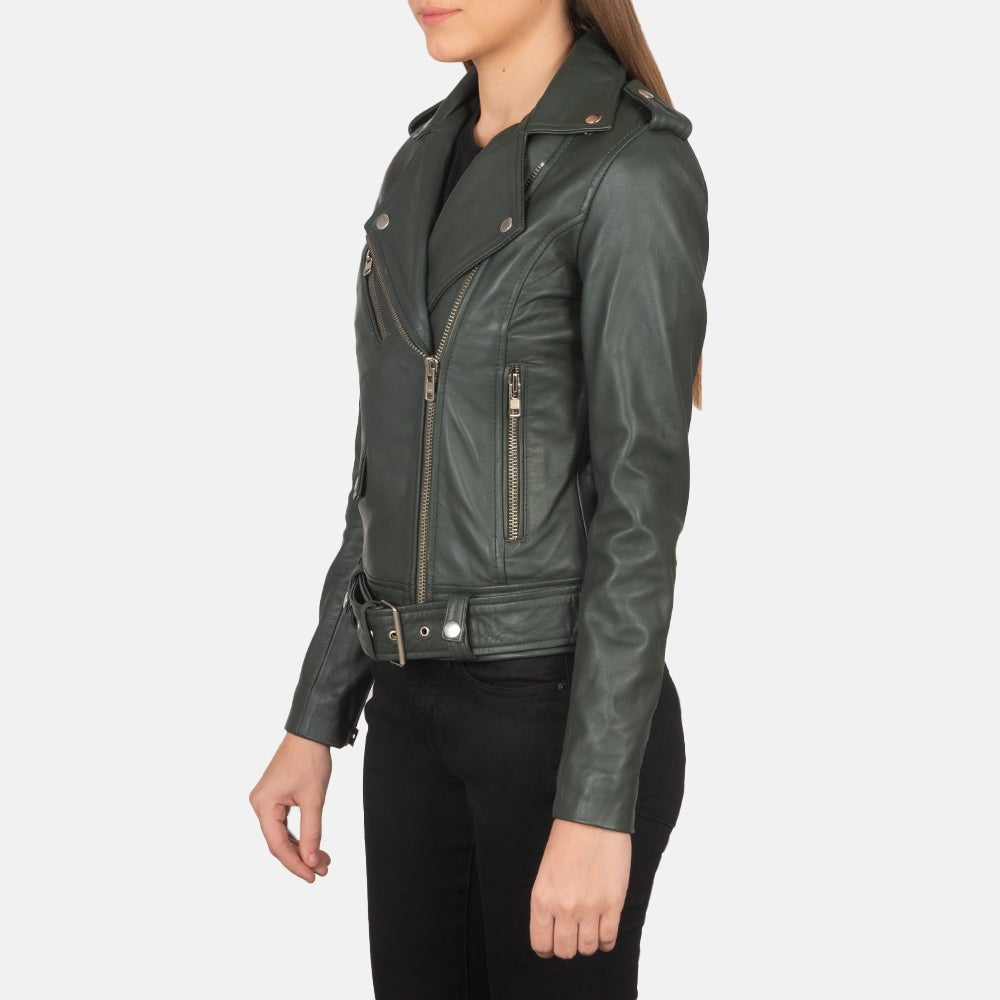 Women Green Biker Leather Jacket