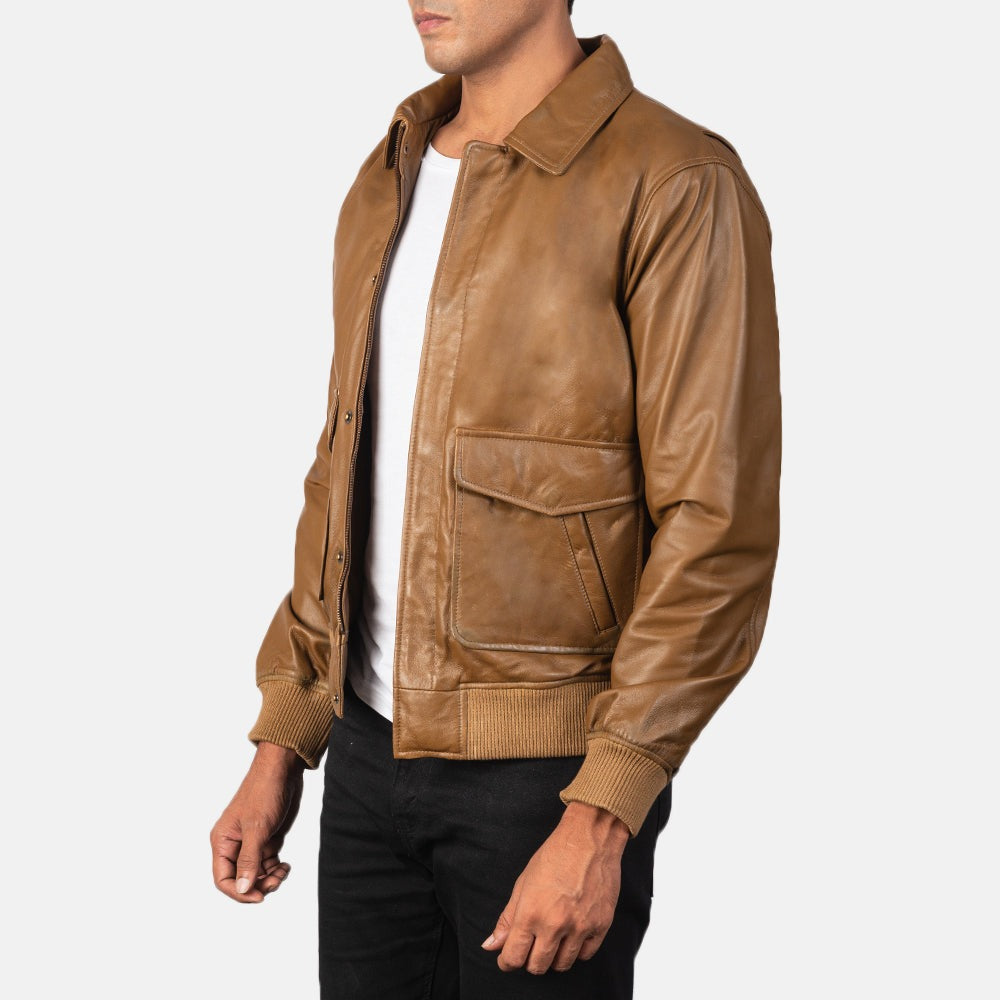 Coffmen Olive Brown A3 Leather Bomber Jacket