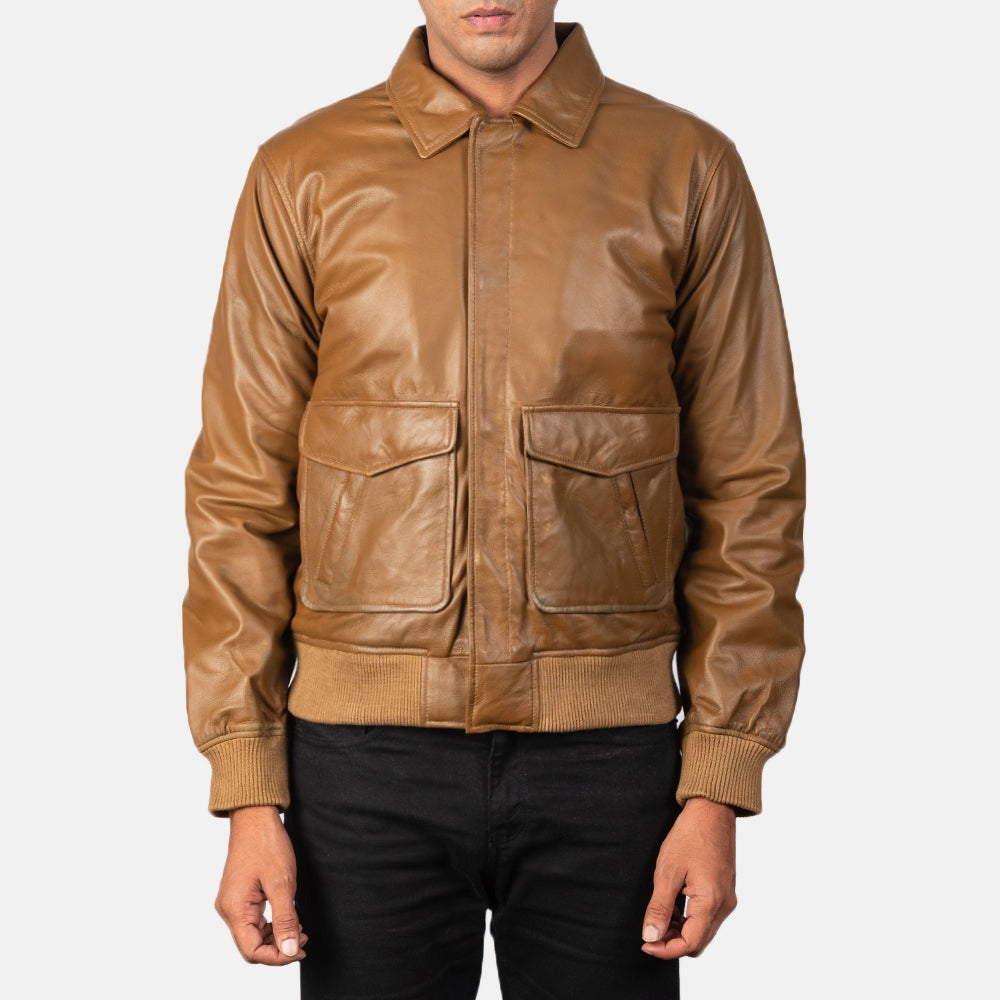 Coffmen Olive Brown A3 Leather Bomber Jacket