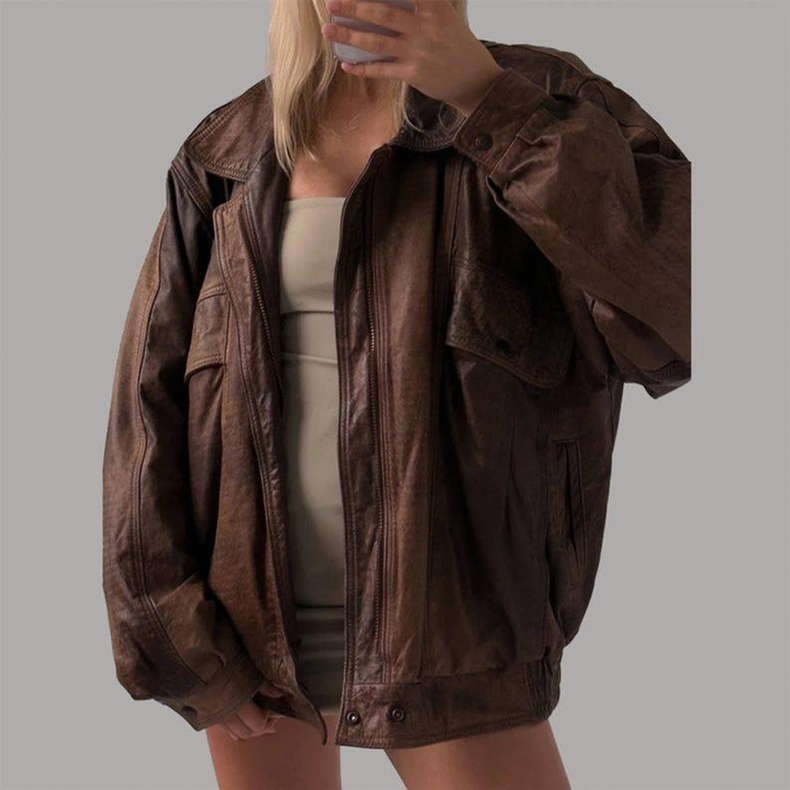 Women Brown Vintage Oversized Leather Jacket