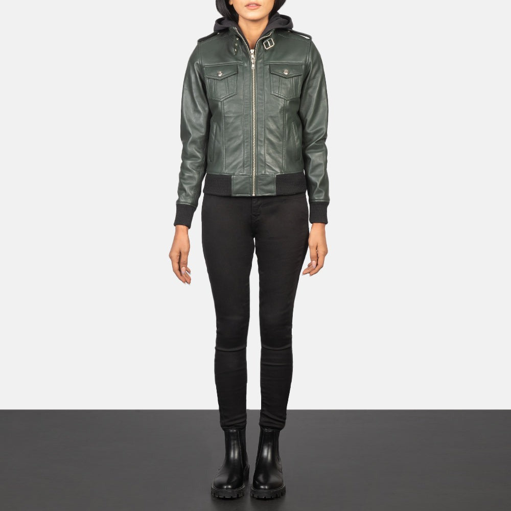 Women Green  Bomber  Leather Jacket
