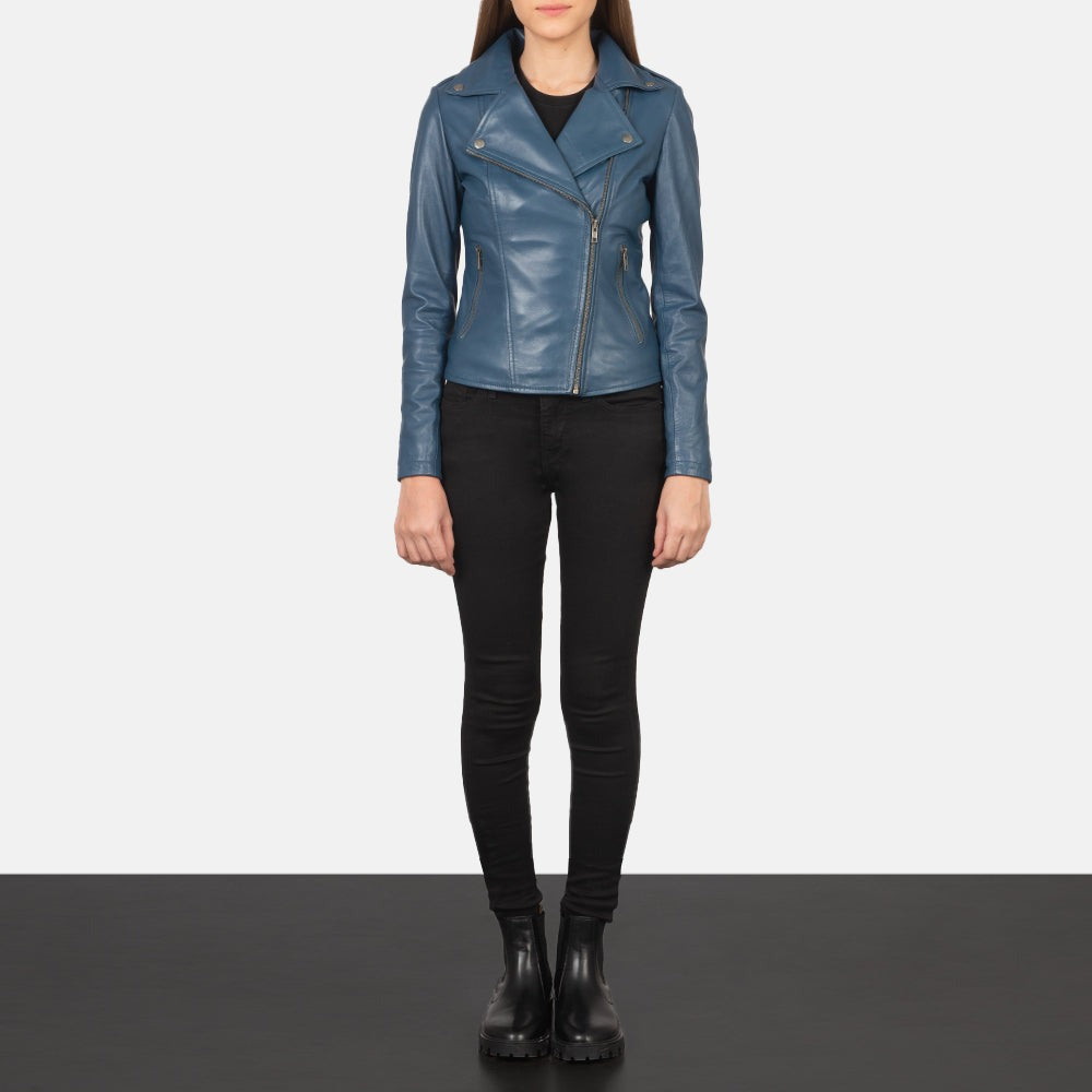 Women Blue Biker Leather Jacket