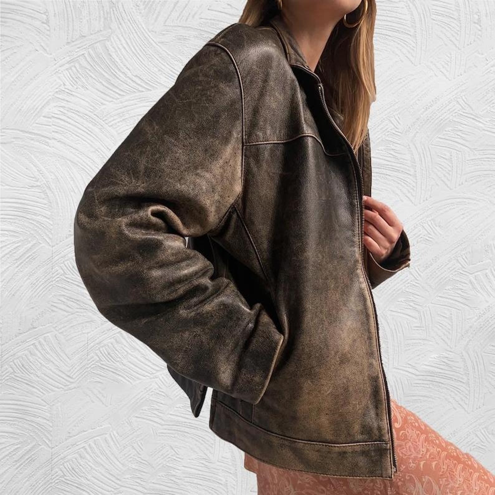 Women Vintage Oversized Leather Jacket