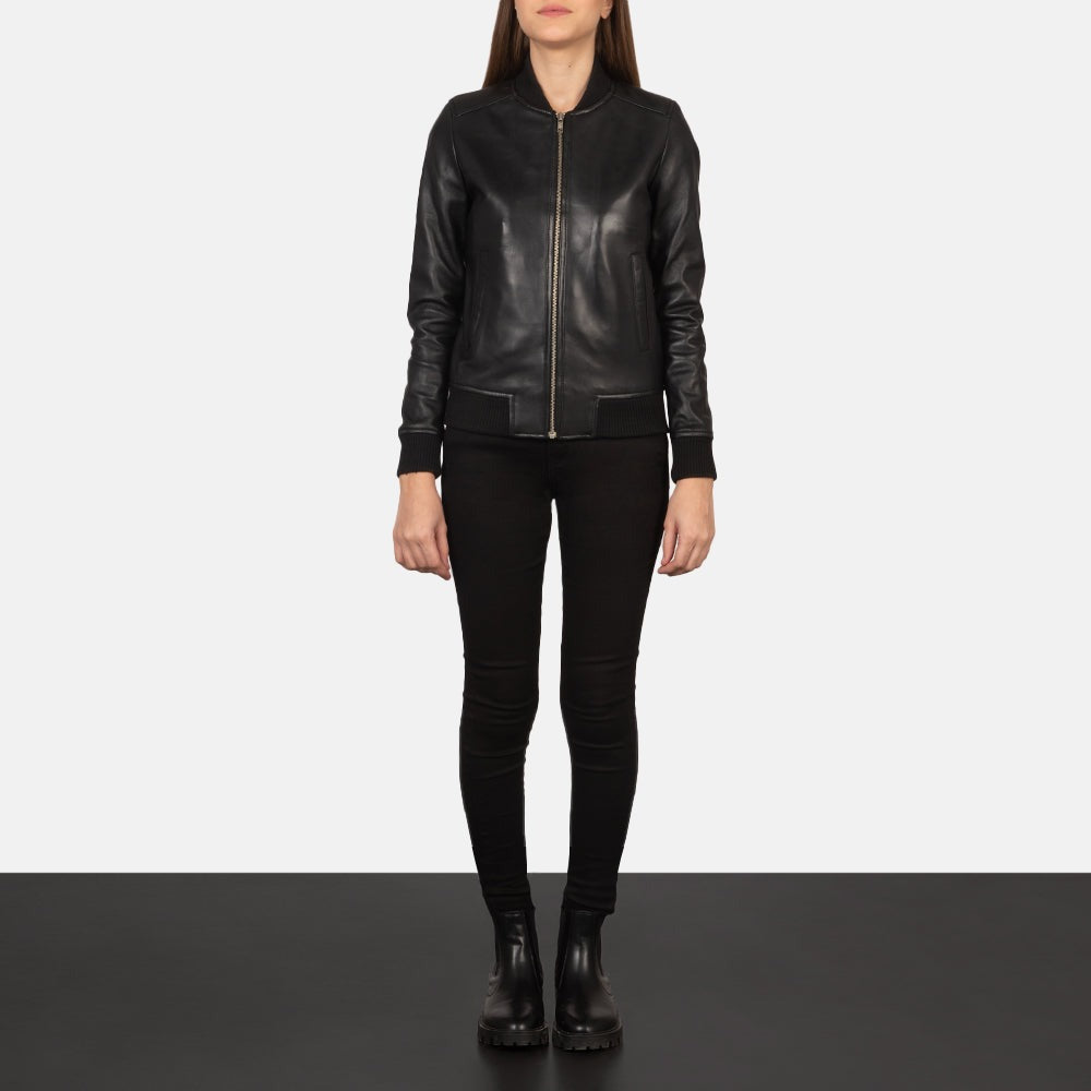Women Black Bomber  Leather Jacket