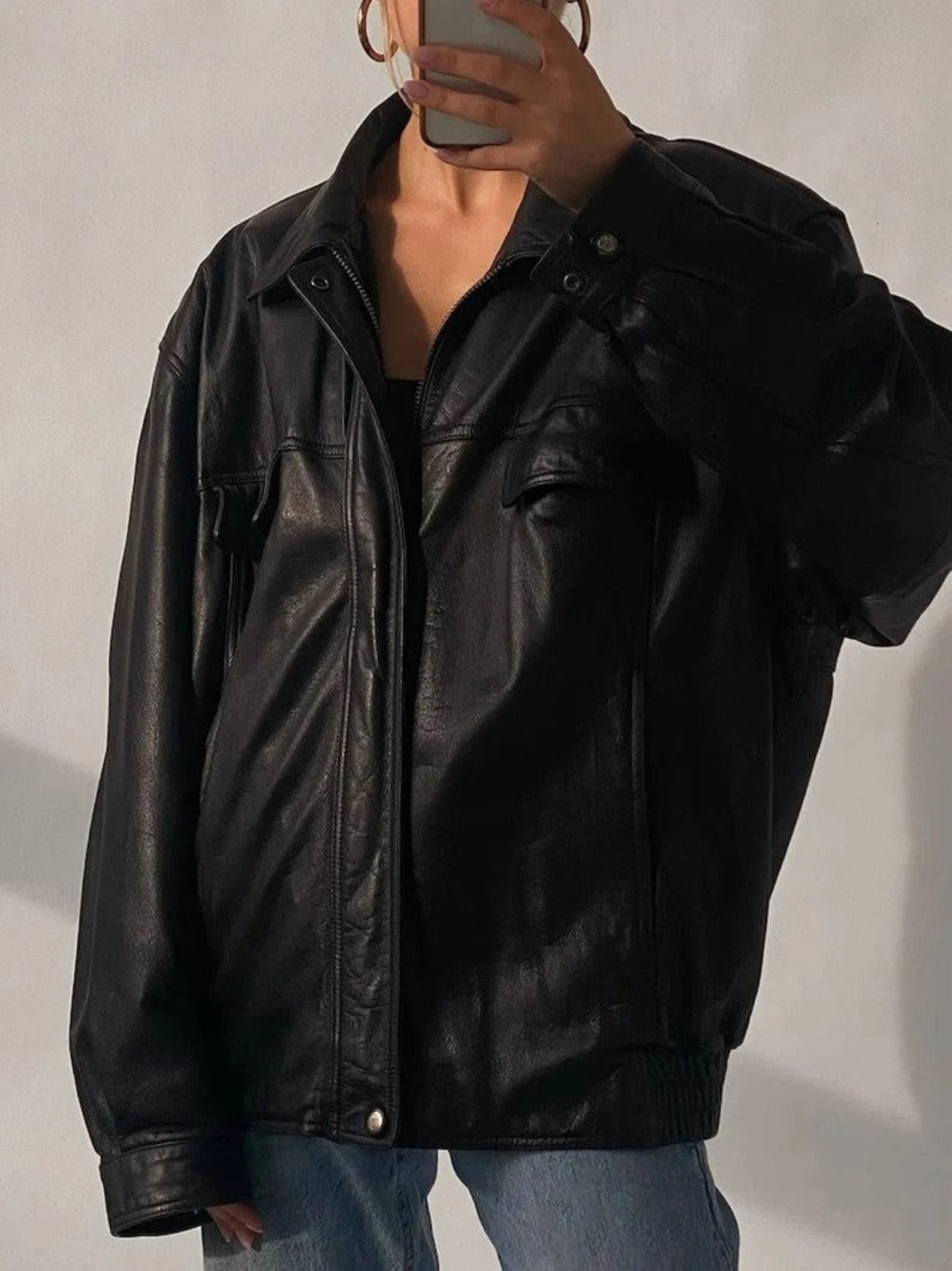 Women Black Oversized Vintage  Leather Jacket