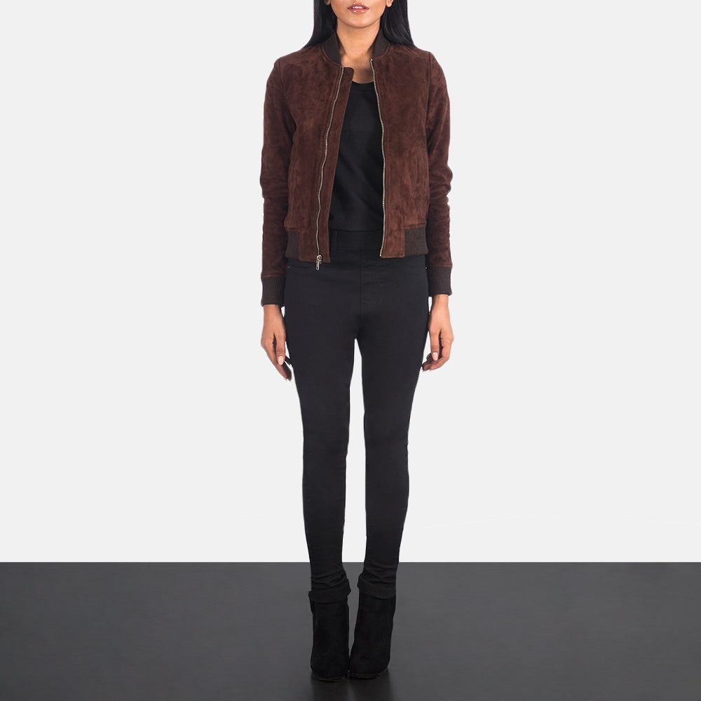 Women Brown Suede  Bomber Leather Jacket
