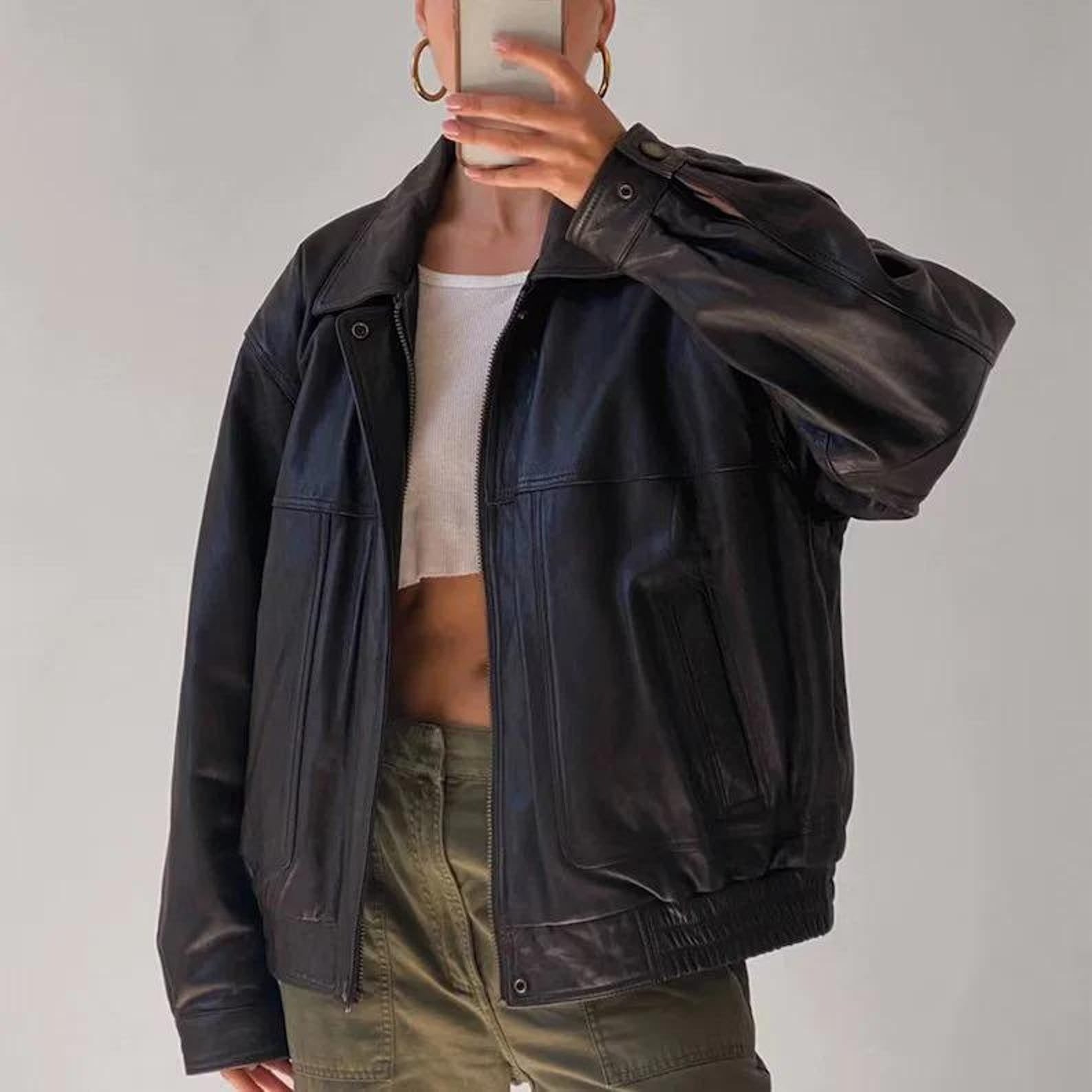 Women Black Oversized Leather Jacket
