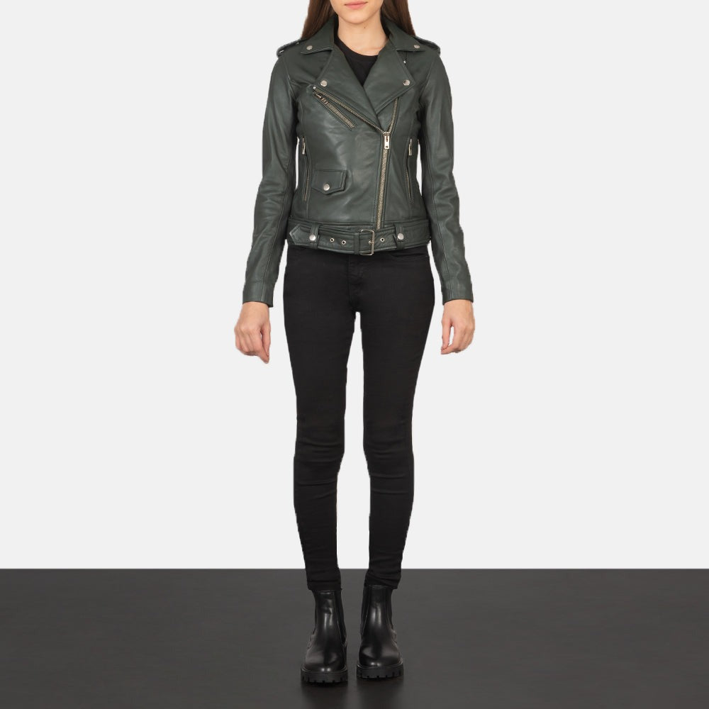 Women Green Biker Leather Jacket