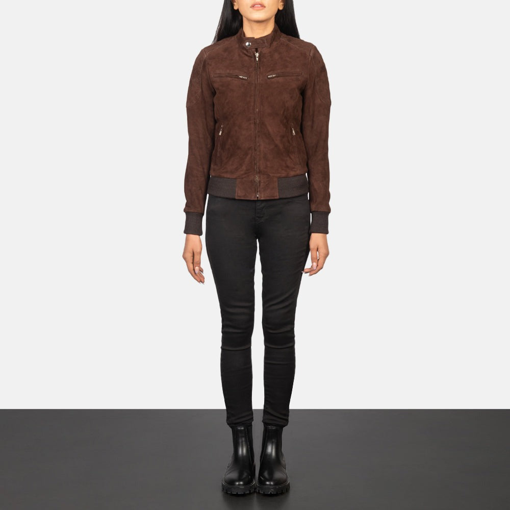 Women Brown 01 Suede  Bomber Leather Jacket