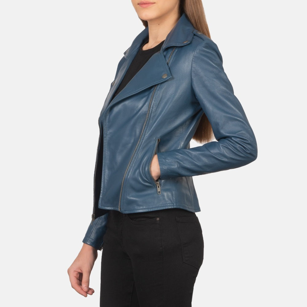 Women Blue Biker Leather Jacket