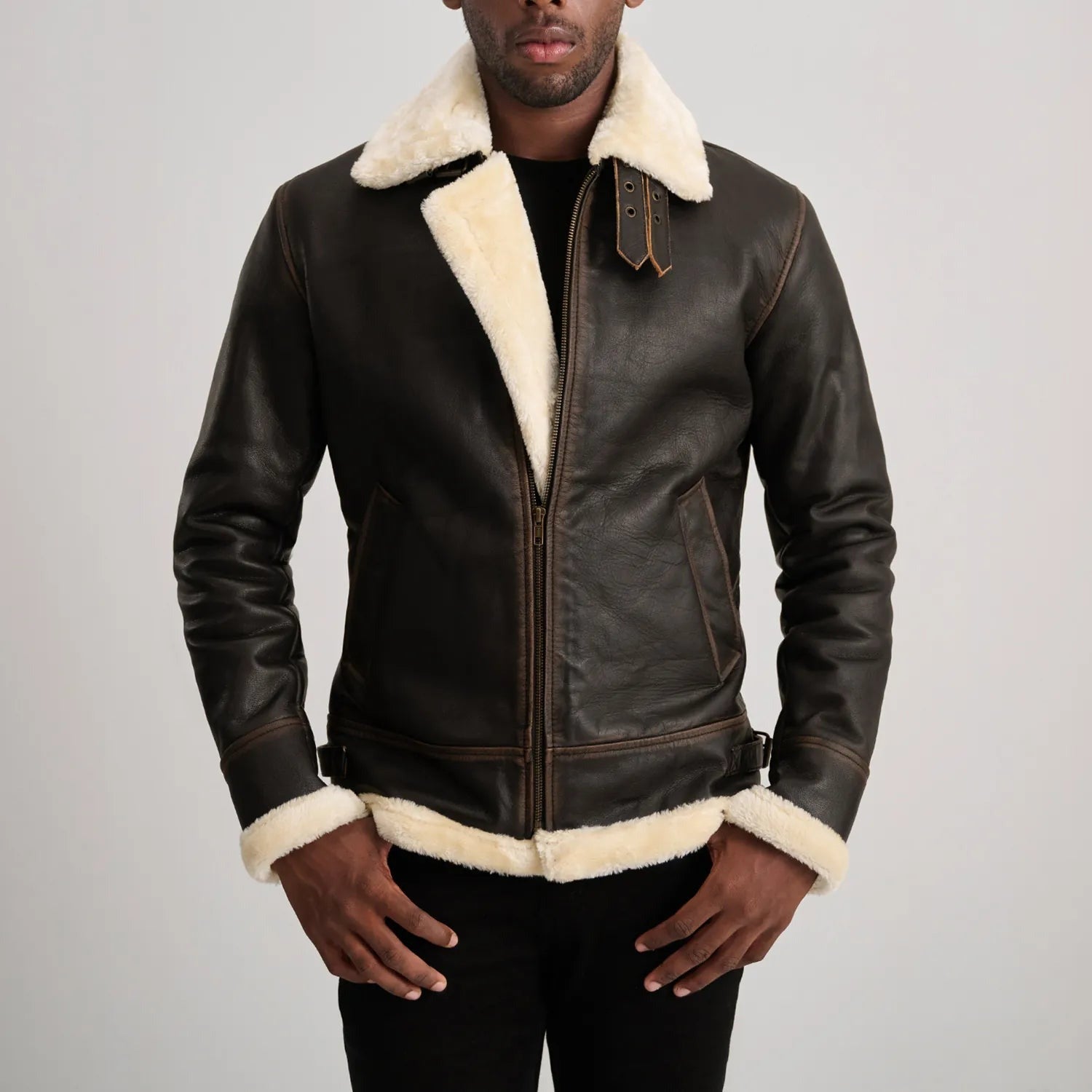 B-3 Brown & Cream Leather Bomber Jacket