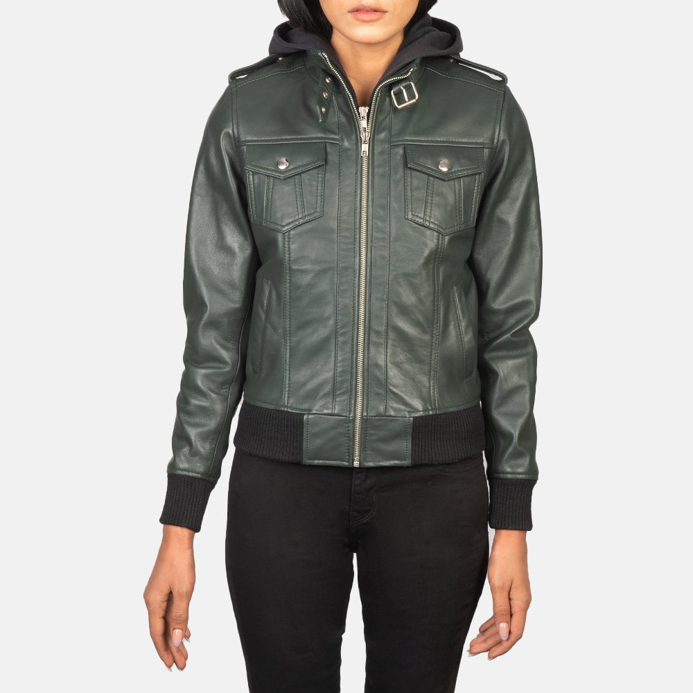 Women Green  Bomber  Leather Jacket