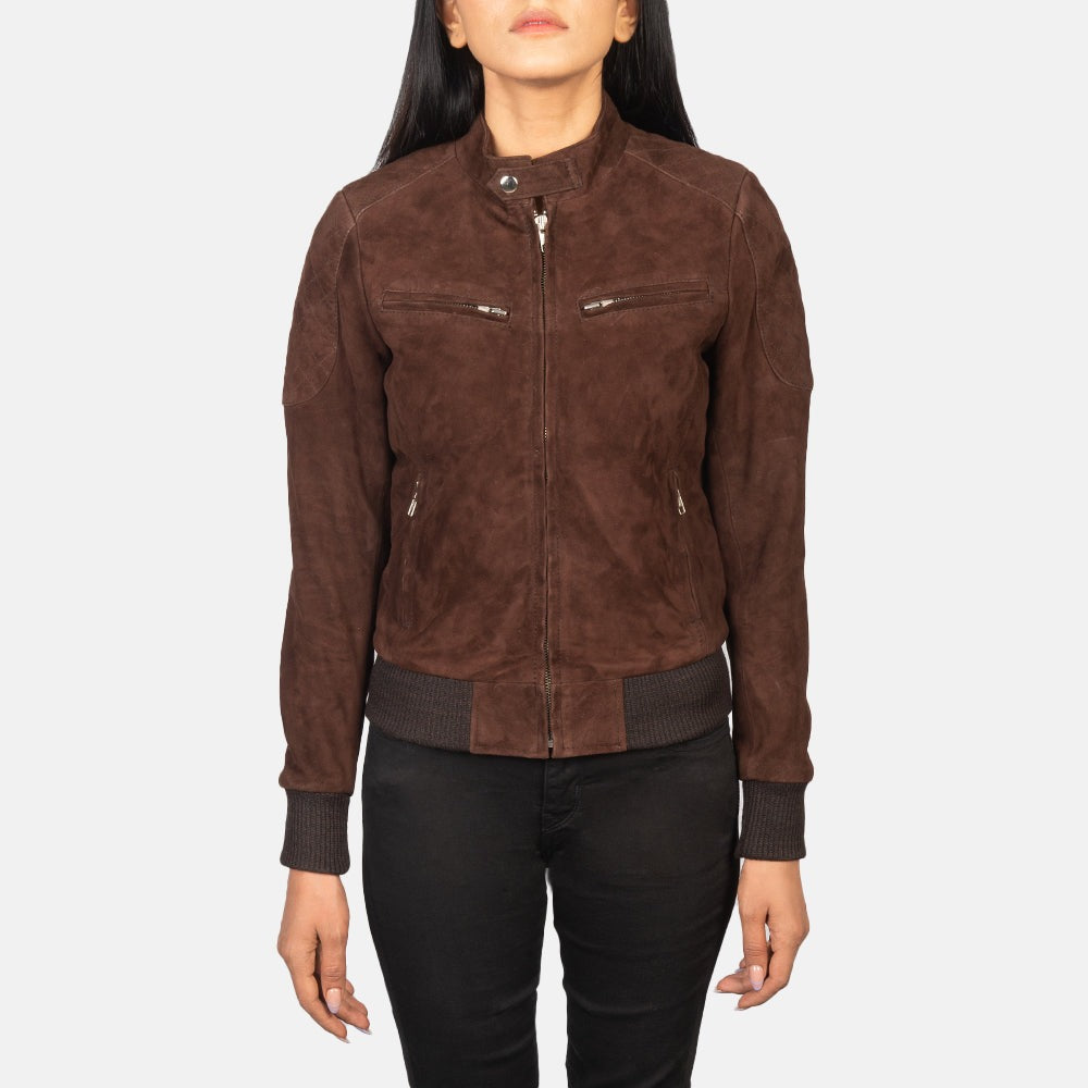 Women Brown 01 Suede  Bomber Leather Jacket