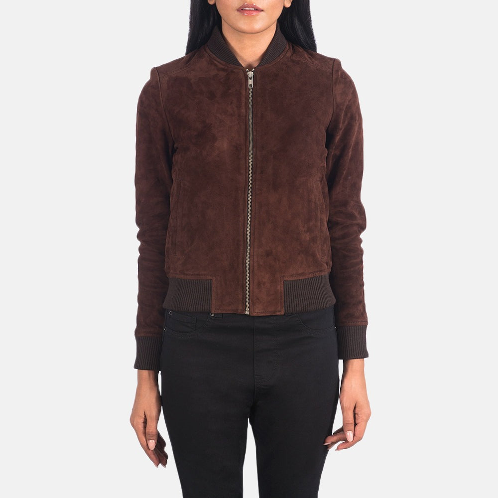 Women Brown Suede  Bomber Leather Jacket
