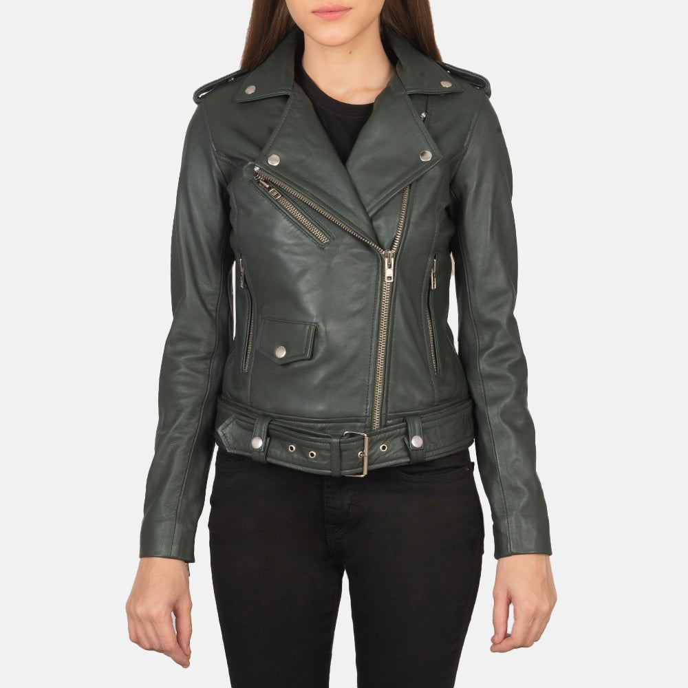Women Green Biker Leather Jacket