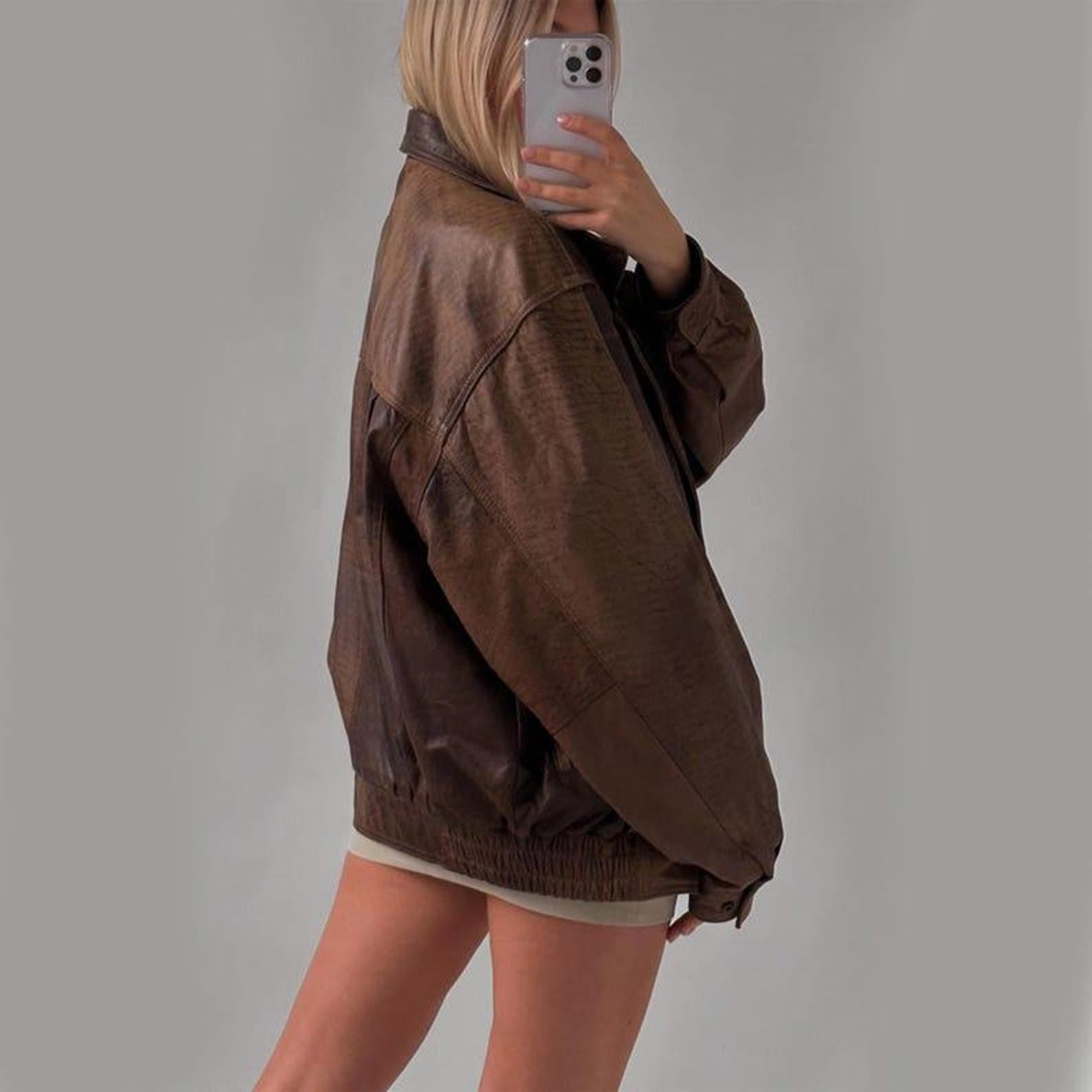 Women Brown Vintage Oversized Leather Jacket