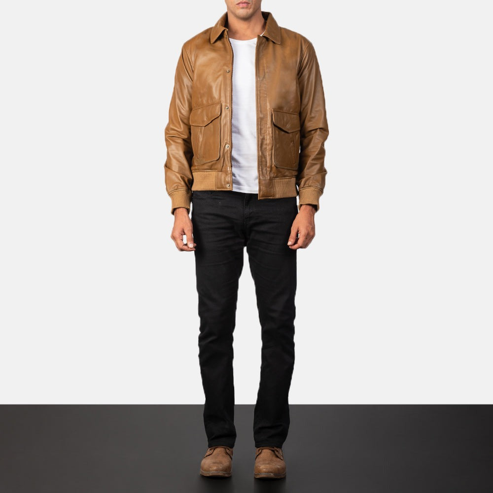 Coffmen Olive Brown A3 Leather Bomber Jacket