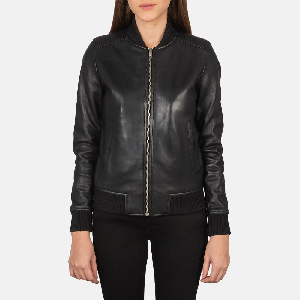Women Black Bomber  Leather Jacket