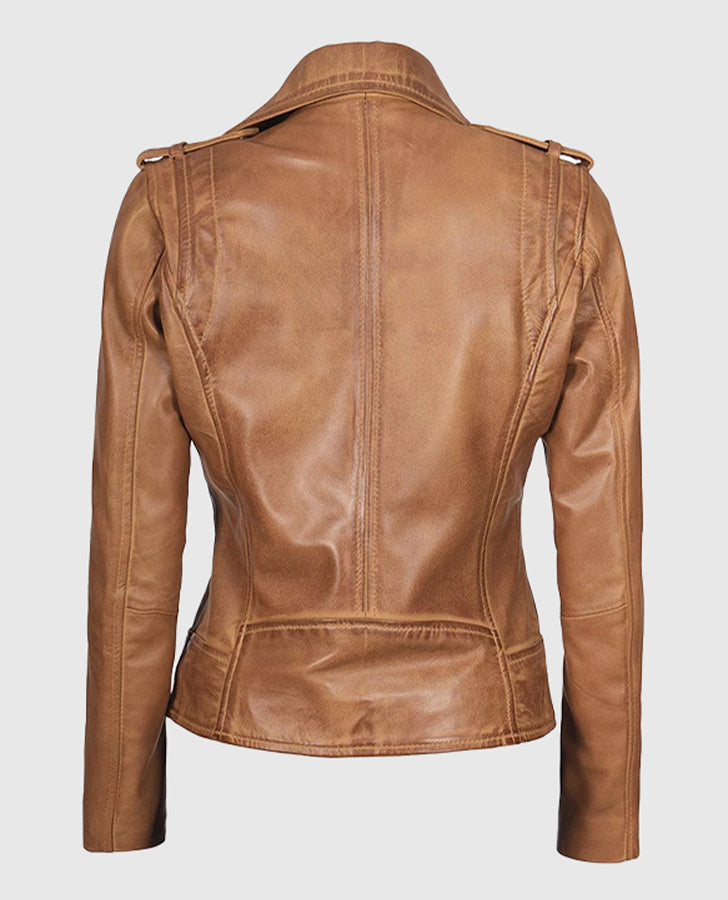 Kirsten Women's Asymmetrical Camel Brown Real Leather Jacket