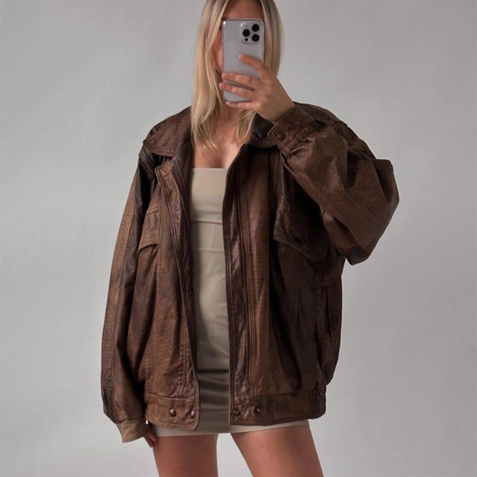 Women Brown Vintage Oversized Leather Jacket