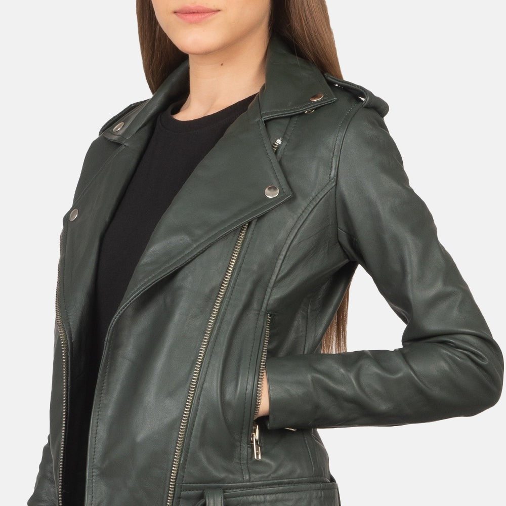 Women Green Biker Leather Jacket